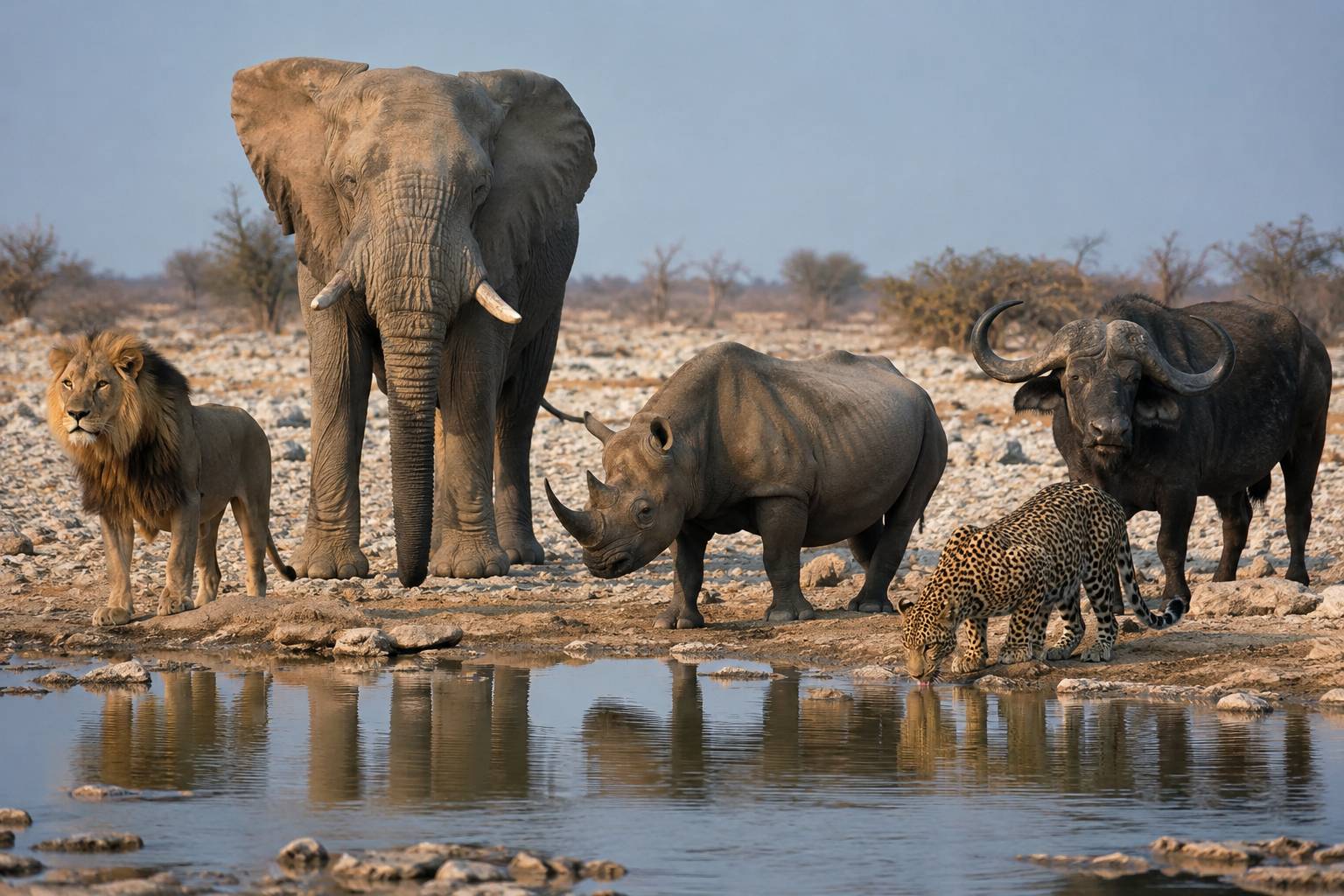 The Big Five wildlife at a Namibian waterhole