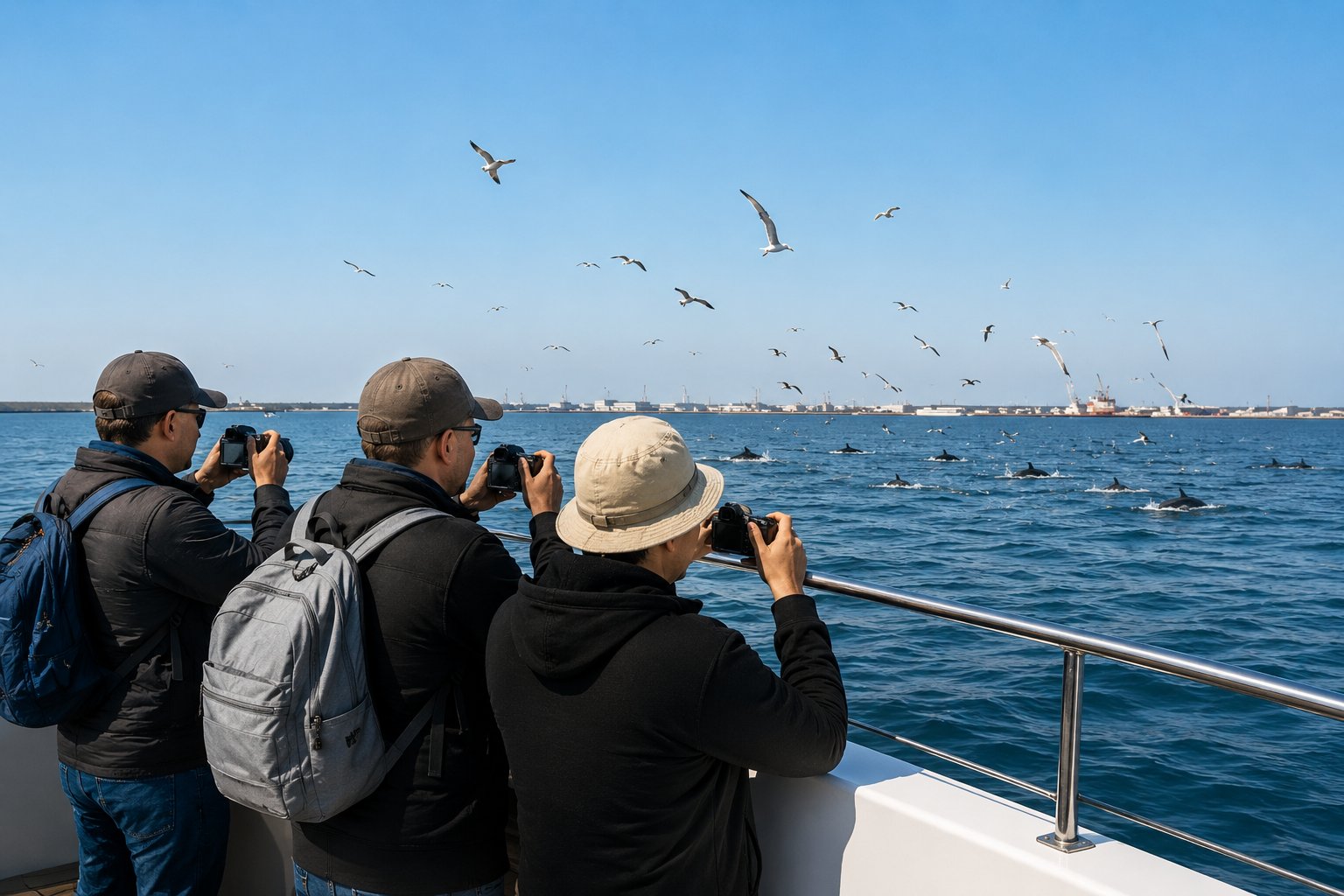 Tourists photographing dolphins on a boat tour